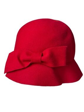 Charter Club Red Felt Cloche Hat 100% Wool Made in Italy Bow Detail
